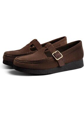 Women Suede Chocolate Brown T-Strap Platform Loafers Chunky Mary Jane Flat Shoes